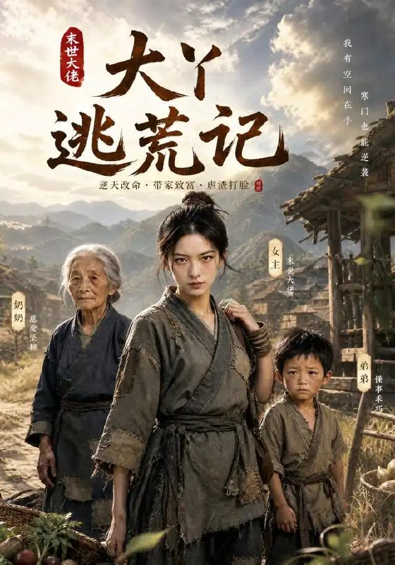 名称：大丫逃荒记（108集）AI短剧描述：乱世荒年，弱女大丫被迫携亲踏上漫漫逃荒路