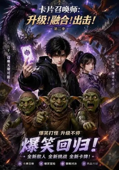 名称：卡片召唤师：升级！融合！出击！第二季&卡片召唤师升级融合出击第二季（70集）AI短剧描述：灵脉复苏的暗夜里，少年召唤师执掌万卡图鉴，于第二季再启征途