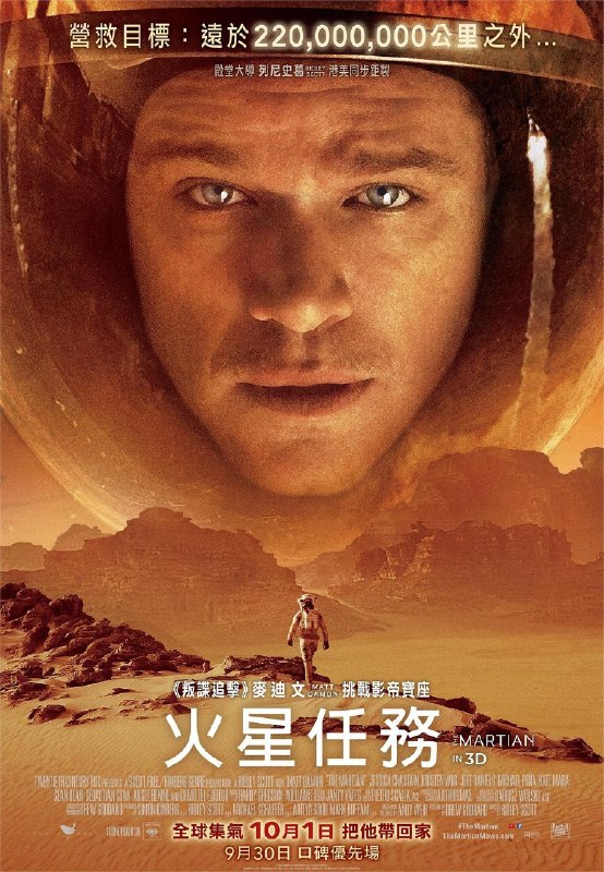 名称：《火星救援》.中字（2015）描述：又名: 火星任务(港) / 绝地救援(台) / 火星人编剧: 德鲁·戈达德 / 安迪·威尔主演: 马特·达蒙 / 杰西卡·查斯坦 / 克里斯汀·韦格 / 杰夫·丹尼尔斯 / 迈克尔·佩纳 / 凯特·玛拉 / 肖恩·宾 / 塞巴斯蒂安·斯坦 / 唐纳德·格洛弗 / 切瓦特·埃加福 / 阿卡塞尔·亨涅 / 陈数 / 高雄 / 本尼迪克特·王 / 麦肯兹·戴维斯 / 娜奥米·斯科特 / 丽丽·博尔丹 / 布莱恩·卡斯佩类型: 剧情 / 科幻 / 冒险制片国家/地区: 英国 / 美国 / 匈牙利 / 约旦语言: 英语 / 汉语普通话上映日期: 2015-11-25(中国大陆) / 2015-10-02(美国)片长: 144分钟 / 151分钟(加长版)链接：🔗夸克：