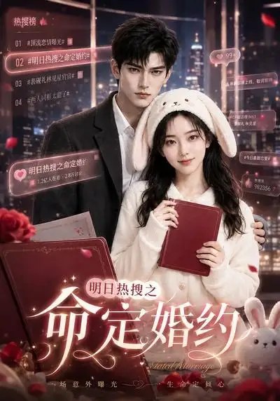 名称：明日热搜之命定婚约（60集）AI短剧描述：暴雨夜，她攥着泛黄婚约撞进他世界，本以为是场各取所需的交易，却在热搜沸反盈天里，撞见他藏在冷硬外壳下的滚烫真心