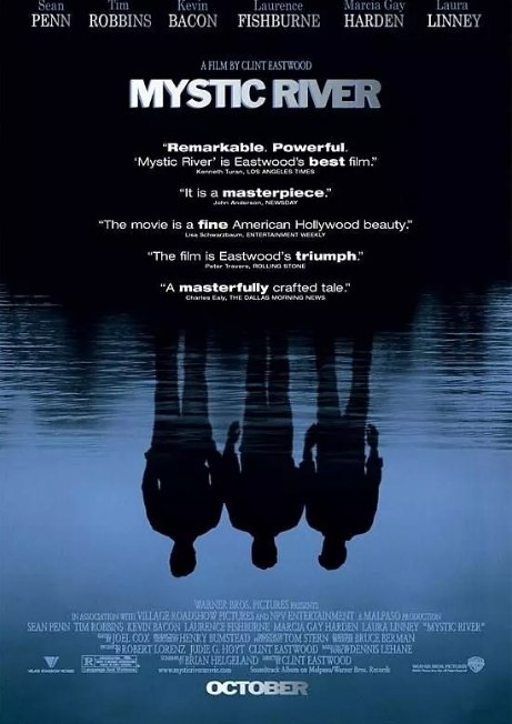 名称：美国电影《神秘河》（2003）描述：导演: 克林特·伊斯特伍德主演: 西恩·潘 / 蒂姆·罗宾斯 / 凯文·贝肯 / 劳伦斯·菲什伯恩 / 马西娅·盖伊·哈登 / 更多…类型: 剧情 / 悬疑 / 惊悚 / 犯罪制片国家/地区: 美国 / 澳大利亚上映日期: 2003-05-23(戛纳电影节) / 2003-10-15(美国)片长: 138分钟链接：🔗夸克：