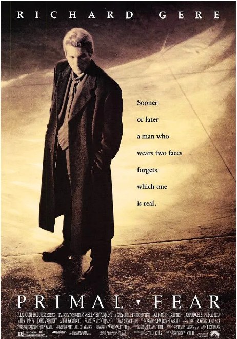 名称：西班牙电影《一级恐惧》（1996）描述：导演: 格里高利·霍布里特主演: 理查·基尔 / 爱德华·诺顿 / 劳拉·琳妮 / 约翰·马奥尼 / 阿尔法·伍达德 / 更多…类型: 剧情 / 悬疑 / 犯罪制片国家/地区: 美国上映日期: 1996-04-03(美国)片长: 129 分钟链接：🔗夸克：