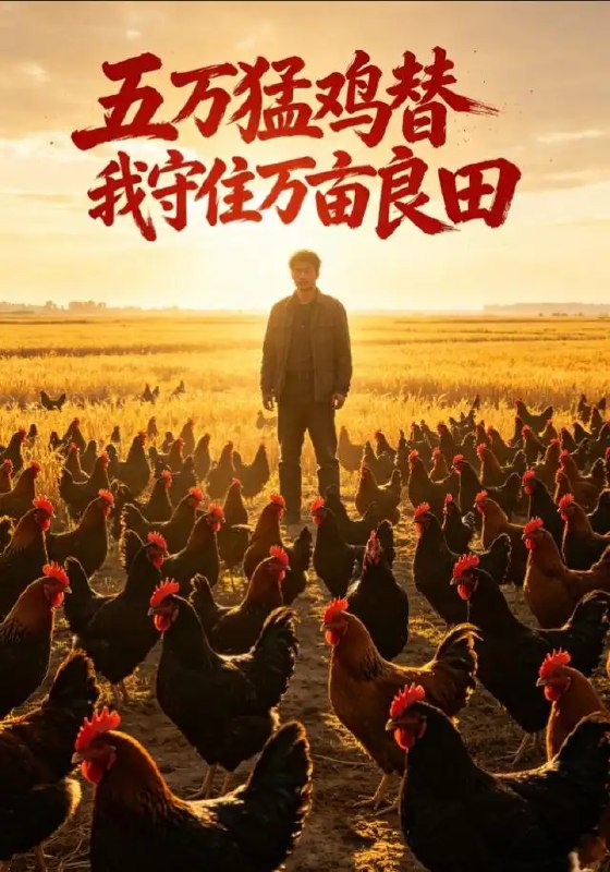 名称：五万猛鸡替我守住万亩良田（47集）AI短剧描述：晨光漫过万亩良田，少年攥着五千只猛鸡的哨令，守着祖辈留下的稻浪