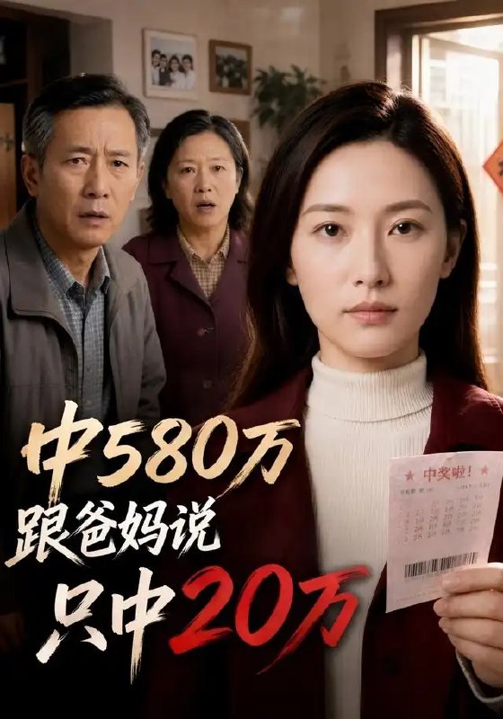 名称：中580万跟爸妈说只中20万（35集）AI短剧描述：攥着580万彩票的少年，在父母期盼的目光里，只轻声说中了20万