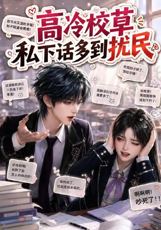 名称：高冷校草私下话多到扰民（88集）AI短剧描述：他是月光下不染尘埃的高岭之花，也是深夜里絮絮叨叨的邻家少年