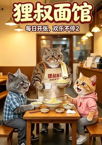 名称：狸叔面馆：每日开张，欢乐不停2&狸叔面馆每日开张欢乐不停2（20集）AI短剧描述：烟火巷尾，狸叔面馆的木门又在晨光中吱呀推开