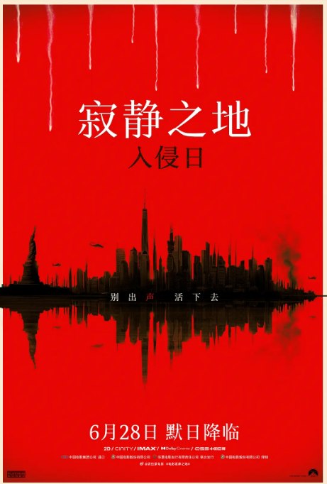 名称：美国电影《寂静之地：入侵日》（2024）描述：导演: 迈克尔·萨诺斯基主演: 露皮塔·尼永奥 / 约瑟夫·奎恩 / 亚历克斯·沃尔夫 / 杰曼·翰苏 / 小肉排 / 更多…类型: 剧情 / 科幻 / 惊悚 / 恐怖制片国家/地区: 美国 / 英国上映日期: 2024-06-28(美国/中国大陆) / 2024-06-26(法国)片长: 100分钟链接：🔗夸克：