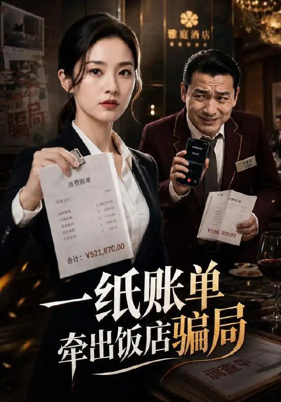 名称：一纸账单，牵出饭店骗局&一纸账单牵出饭店骗局（31集）AI短剧描述：霓虹下的饭店藏着见不得光的暗流