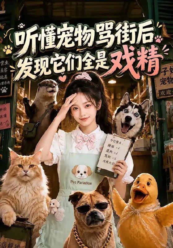 名称：听懂宠物骂街后发现它们全是戏精（74集）AI短剧描述：当意外解锁听懂万物低语的密钥，林晚才知朝夕相伴的萌宠皆是影帝