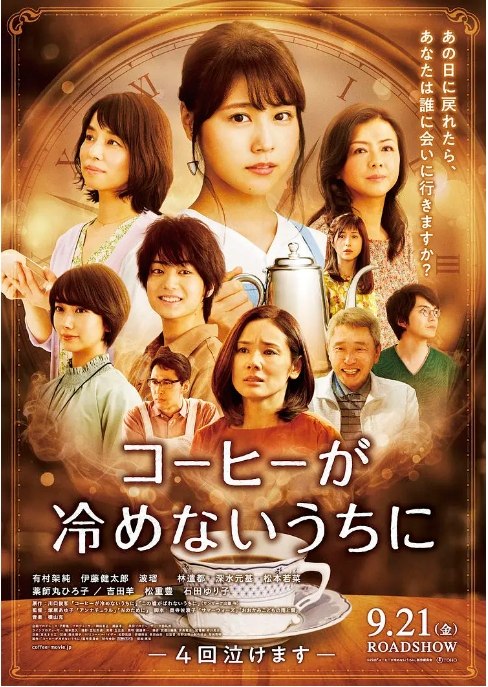 名称：日本电影《咖啡未冷前》（2018）描述：导演: 冢原亚由子主演: 有村架纯 / 伊藤健太郎 / 波瑠 / 林遣都 / 深水元基 / 更多…类型: 剧情 / 爱情 / 奇幻制片国家/地区: 日本上映日期: 2018-09-21(日本)片长: 116分钟链接：🔗夸克：