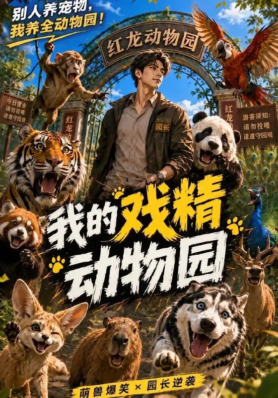 名称：我的戏精动物园（106集）AI短剧描述：当社畜林晚意外闯入AI构建的奇幻动物园，东北虎会唠嗑吐槽，孔雀开屏竟是代码流光