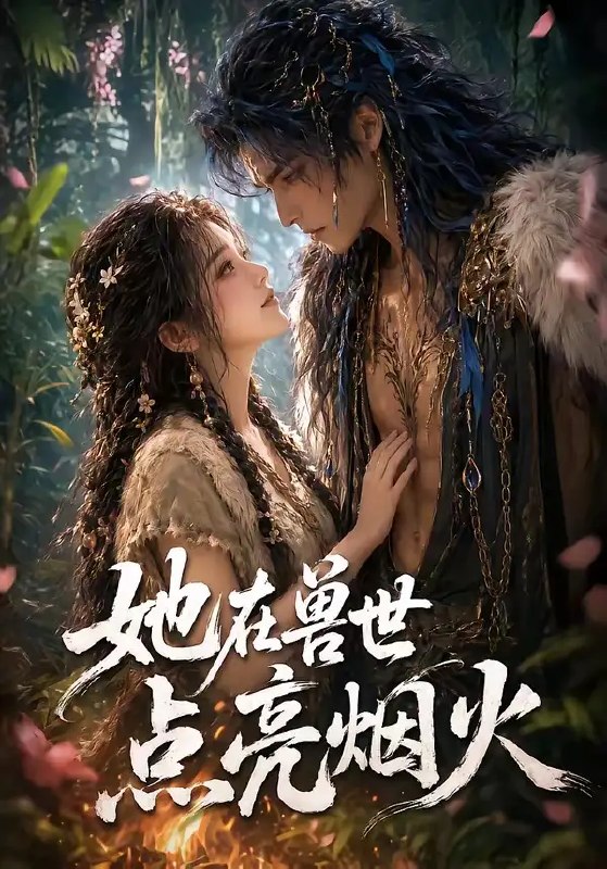 名称：她在兽世点亮烟火（55集）AI短剧描述：穿越兽世荒原，她以现代智慧点亮第一簇烟火，在蛮荒中筑起温暖家园