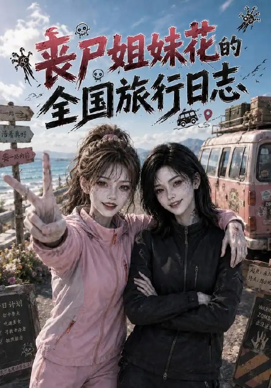 名称：丧尸姐妹花的全国旅行日志（35集）AI短剧描述：当末日硝烟散尽，一对丧尸姐妹花踏上横跨华夏的旅途