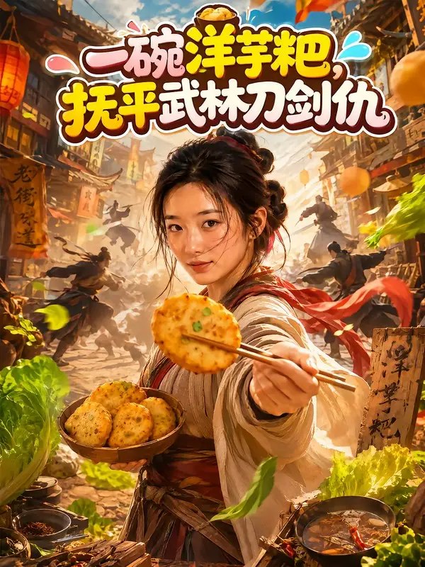 名称：一碗洋芋粑，抚平武林刀剑仇&一碗洋芋粑抚平武林刀剑仇（104集）AI短剧描述：江湖夜雨，刀光剑影，百年世仇一触即发
