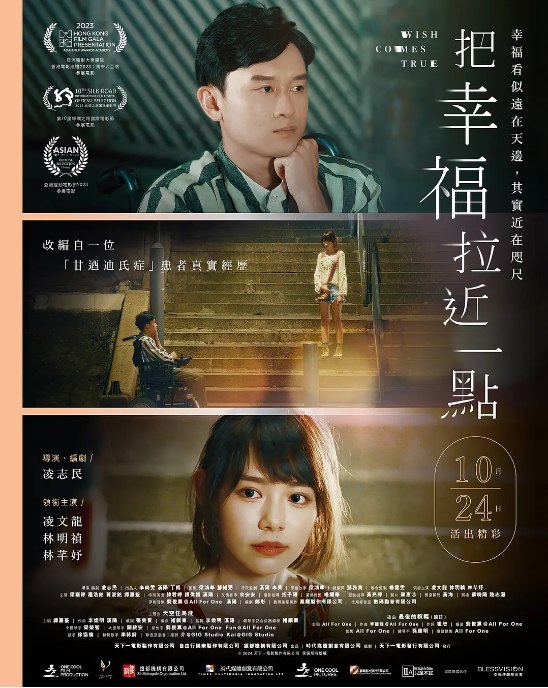 名称：香港电影《把幸福拉近一点》（2023）描述：导演: 凌志民主演: 凌文龙 / 林明祯 / 林芊妤类型: 剧情制片国家/地区: 中国香港上映日期: 2024-10-24(中国香港) / 2023-09-16(芝加哥亚洲跃动电影展) / 2023-09-23(丝绸之路电影节)片长: 94分钟链接：🔗夸克：