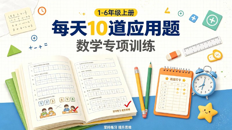 名称：1-6年级上册数学每天10道应用题描述：覆盖小学一至六年级上册数学应用题专项练习，每日设置十道针对性习题，题型贴合各年级课本重难点，包含生活计算、几何应用、分数运算等多种类型，循序渐进训练审题与列式计算能力，适合小学生每日定量练习，稳步提升数学解题逻辑