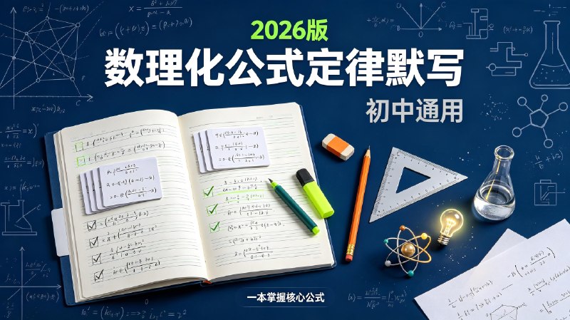名称：2026版《一本初中数理化公式定律默写》描述：2026 版初中数理化公式定律默写手册整合数学、物理、化学全部核心公式、定理与常用推论，设置填空默写板块方便自测背诵，梳理各年级重难点知识点，结构清晰，适合初中生日常背诵、考前复盘，夯实理科基础，强化公式记忆熟练度