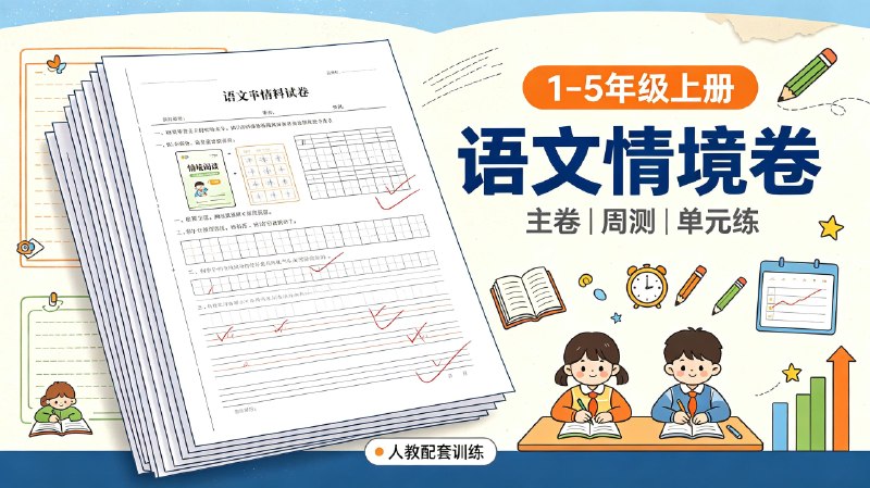 名称：1-5上人教语文情境卷 主卷+周测小卷+一单元一练描述：适配小学一至五年级上册人教版语文的情境化测试习题，分为综合主卷、每周随堂小卷以及单元专项练习三类题型，题目结合生活情境设计，贴合课本知识点，分层训练巩固字词、阅读与写作内容，可供日常单元巩固、每周检测与阶段性综合测评使用