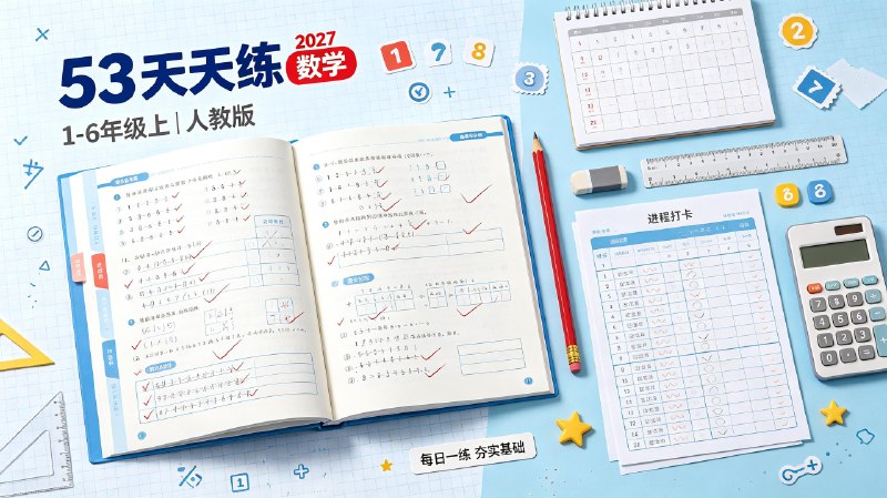 名称：2027《曲一线•53天天练》（1-6年级上）（数学）（人教版）描述：2027 曲一线 53 天天练适配人教版小学一至六年级上册数学，同步校内课本教学进度，划分每日基础习题与拓展提升题型，搭配单元检测板块，覆盖计算、应用题、几何等全部课本知识点，适合小学生每日课后练习，稳步巩固课堂所学数学内容