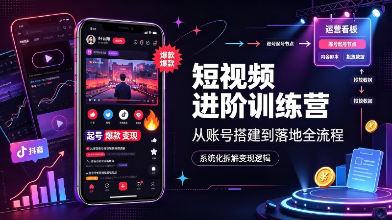 名称：抖音短视频进阶训练营，完整覆盖从账号起号到爆款落地全流程，系统化拆解短视频变现核心逻辑描述：抖音短视频进阶训练营梳理账号搭建、内容策划、拍摄剪辑、流量打造整套实操步骤，拆解爆款内容创作思路，深度解析带货、广告等多种变现路径，结合实操案例讲解平台流量规则，适合自媒体从业者系统学习短视频运营与盈利方法