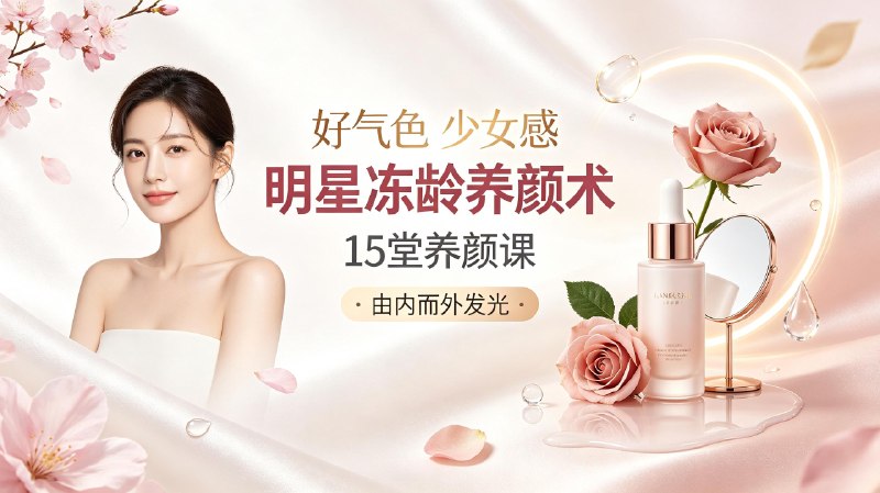 名称：15堂明星冻龄养颜术，让你由内而外养出好气色，焕发少女感描述：整套养颜课程共十五个课时，借鉴圈内常用冻龄养护思路，兼顾内调食补与外部护肤护理，讲解气色调理、肌肤抗衰、日常保养步骤等内容，分享简单易操作的养护方式，帮助改善暗沉肤质，调整肌肤状态，打造清爽透亮的少女肌肤质感