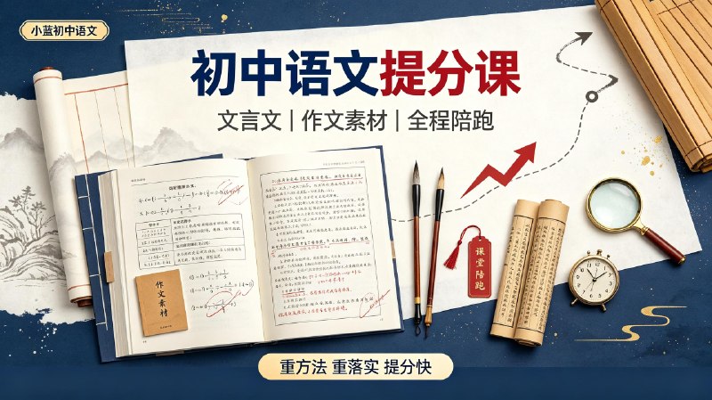 名称：【小蓝初中语文】课程（主打“阅读公式 + 文言文精讲 + 作文素材模板 + 全程陪跑”，重方法、重落实、提分快）描述：小蓝初中语文课程覆盖初中语文三大核心板块，梳理标准化阅读答题公式，逐篇精讲文言文字词、句式与考点，整理可直接套用的作文素材与写作模板，搭配全程学习跟进指导，侧重答题方法训练，帮助学生夯实基础、规范答题逻辑，提升语文考试分数