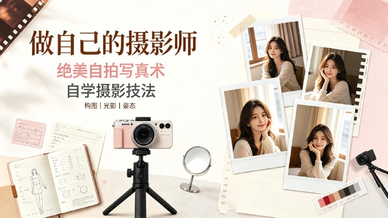 名称：《做自己的摄影师：绝美自拍写真术》[PDF]描述：这份 PDF 教程系统讲解自拍写真全套拍摄技巧，涵盖光线运用、构图角度、姿势造型、场景搭配等实操内容，拆解不同风格人像拍摄思路，搭配直观参考示范，零基础也能掌握自主拍摄精美写真的方法，适合喜欢人像自拍、想独立完成写真拍摄的人群学习